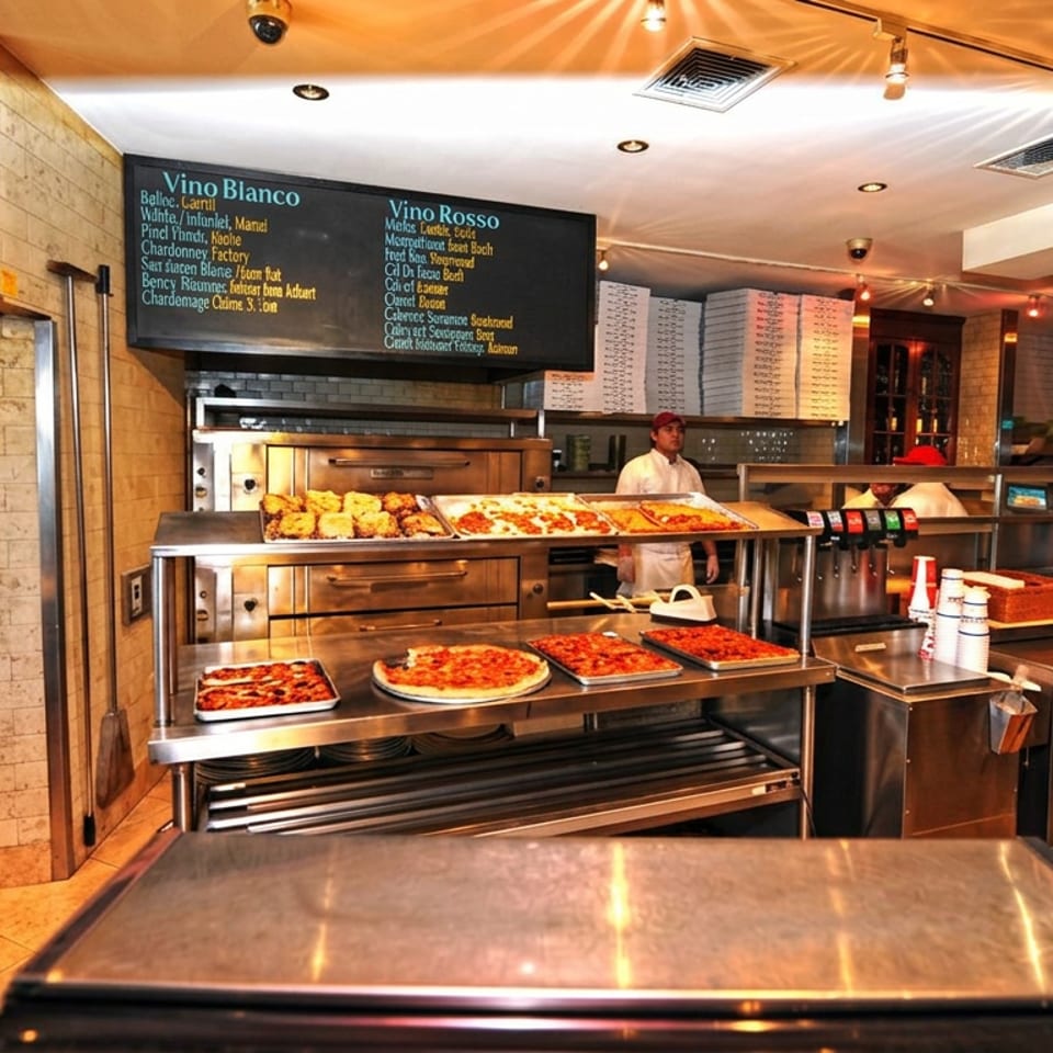 La Villa Pizzeria counter displays assorted pizzas beside a wood-fired oven, chalkboard menus, staff, and a television.