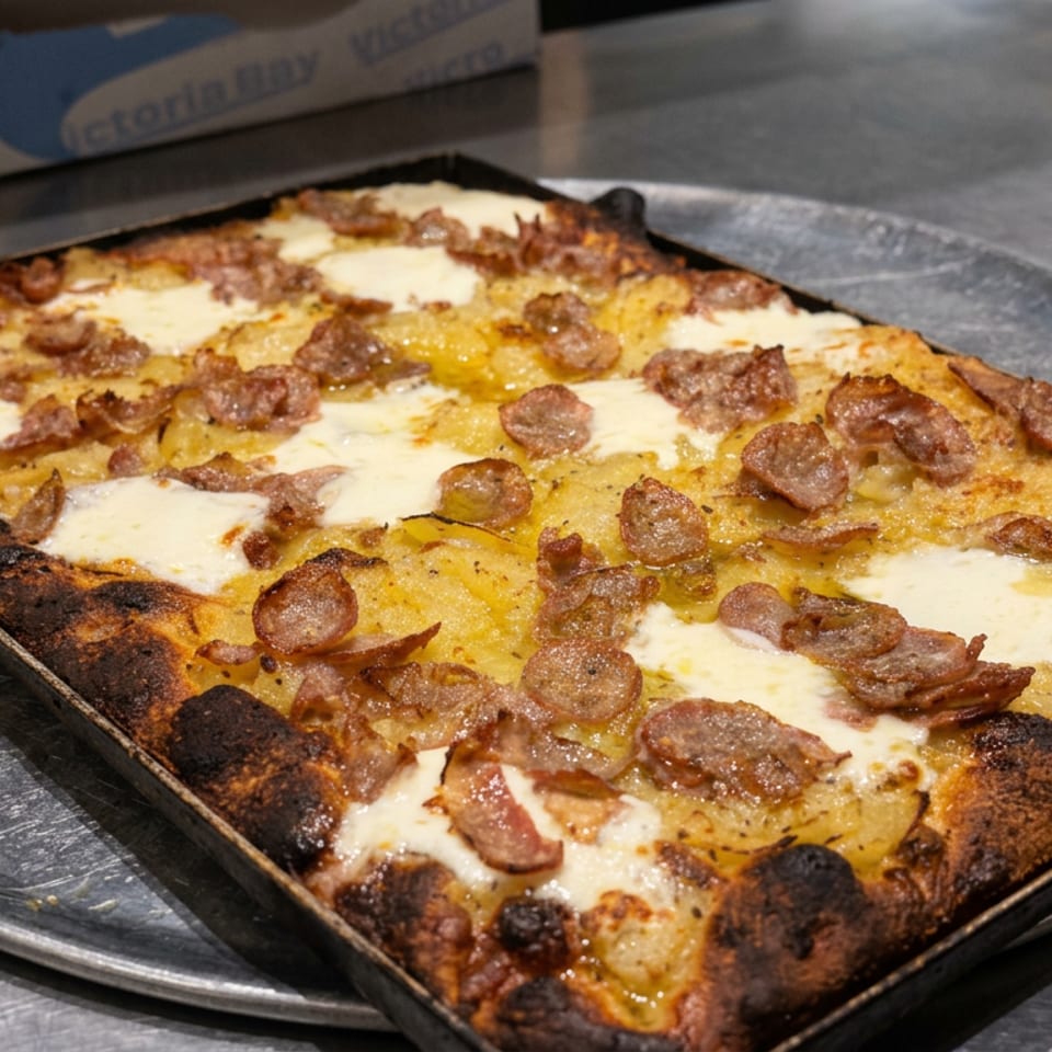 Rectangular pan pizza topped with melted cheese, golden potatoes, and sliced sausage on a metal serving tray.