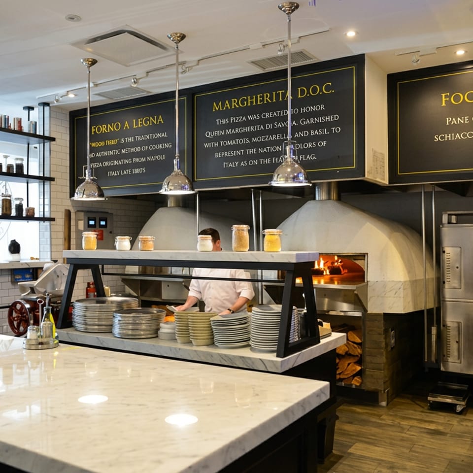 Margherita pizzeria interior featuring wood-fired ovens, stacked plates, hanging lights, and staff preparing pizzas behind the counter.