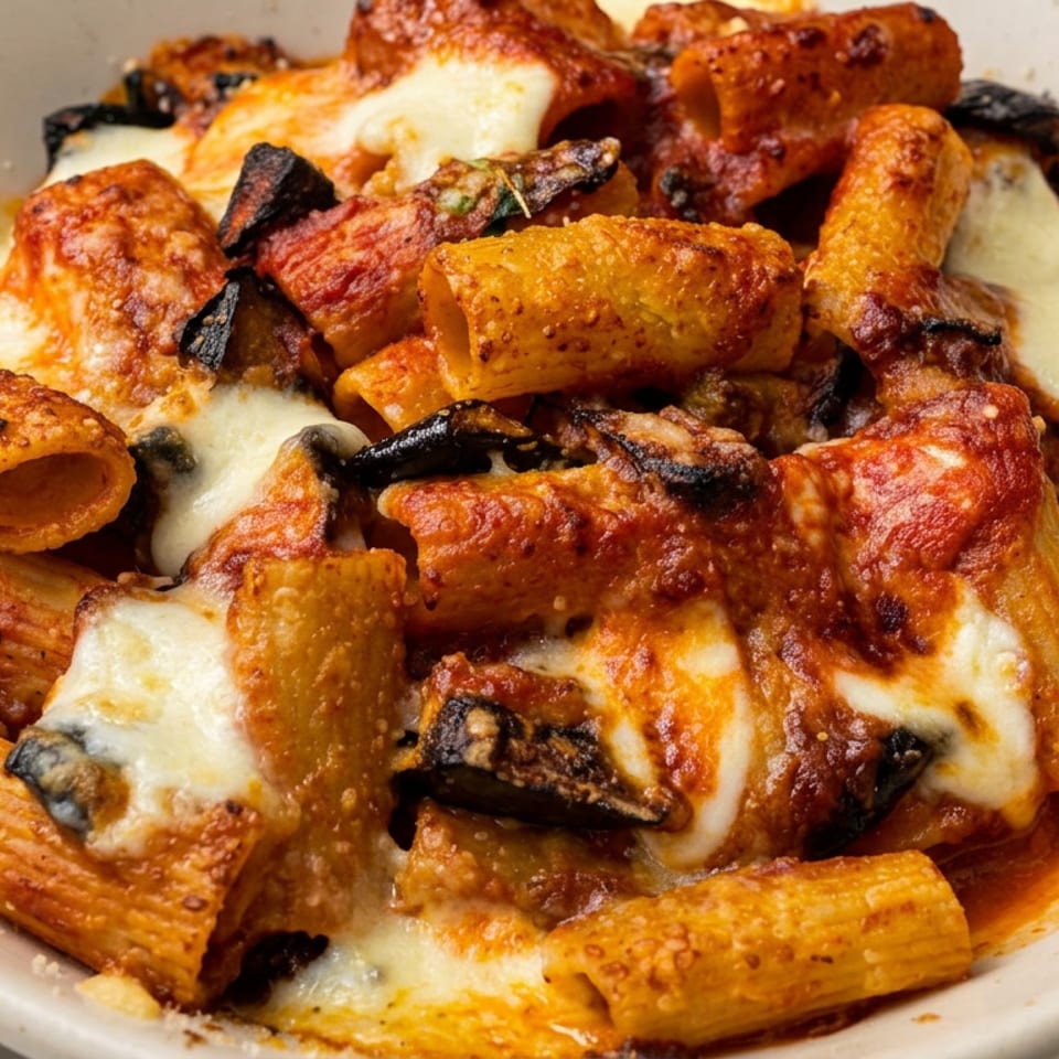Baked rigatoni pasta with tomato sauce, melted mozzarella, and charred eggplant served in a rustic ceramic dish.