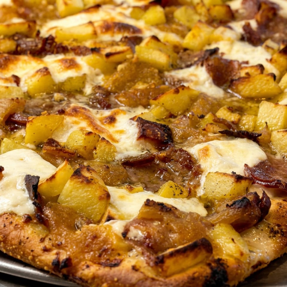 Close-up of square pizza topped with roasted potatoes, melted cheese, caramelized onions, and crispy cured meat on a metal tray.