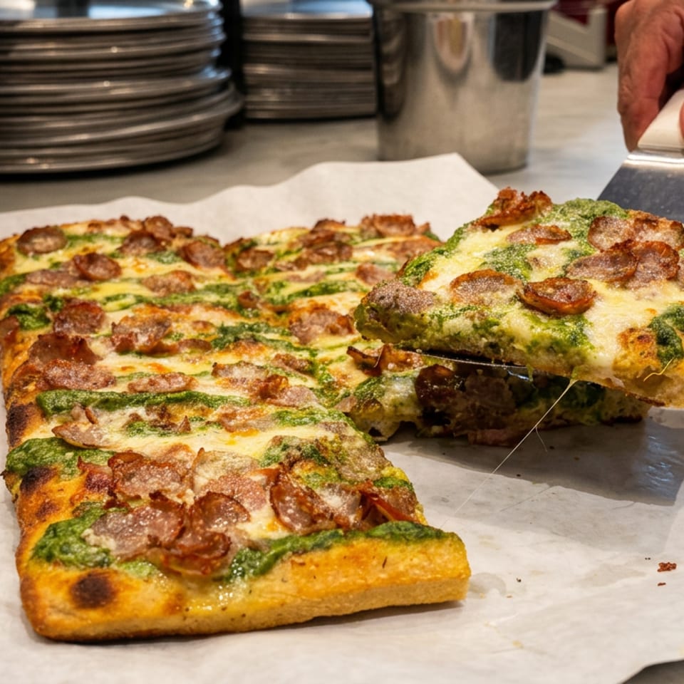 Rectangular pesto and crispy bacon pizza being lifted with a spatula beside stacks of plates in a restaurant kitchen.