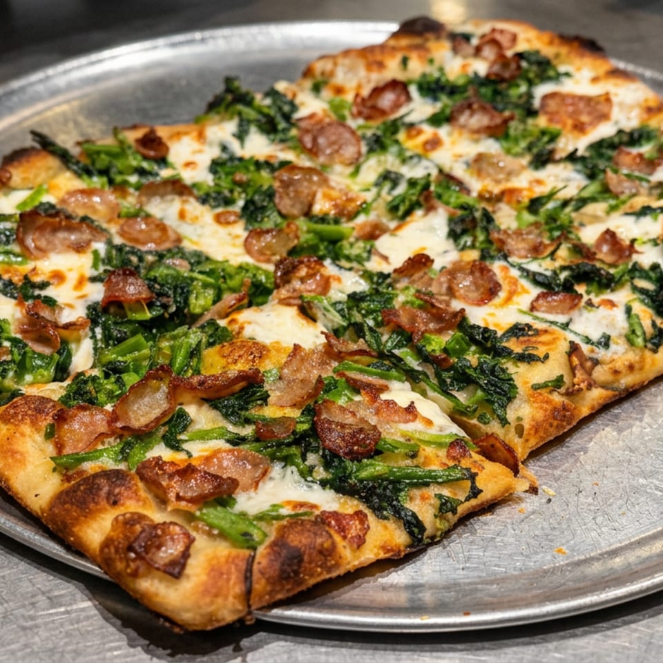 Rectangular crispy pizza topped with melted cheese, leafy greens, and browned bacon pieces on a metal serving tray.