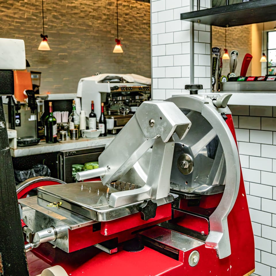 La Villa kitchen slicer and counter.