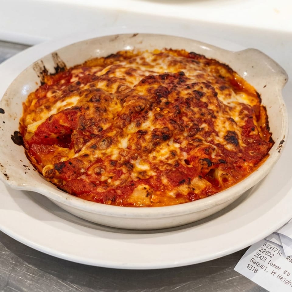 Baked lasagna topped with browned melted cheese in a ceramic dish on a restaurant table beside a receipt.