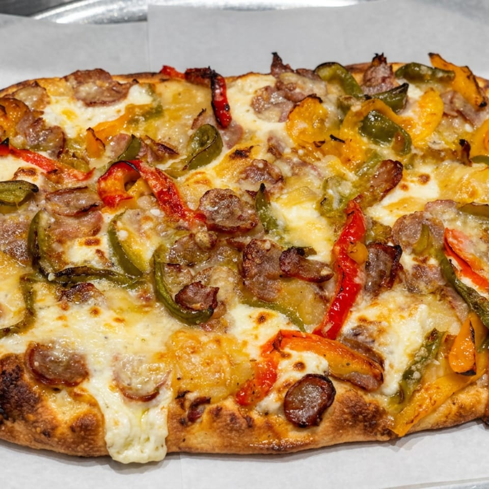 Round pizza topped with melted cheese, sliced sausage, and red, green, and yellow peppers on parchment paper.