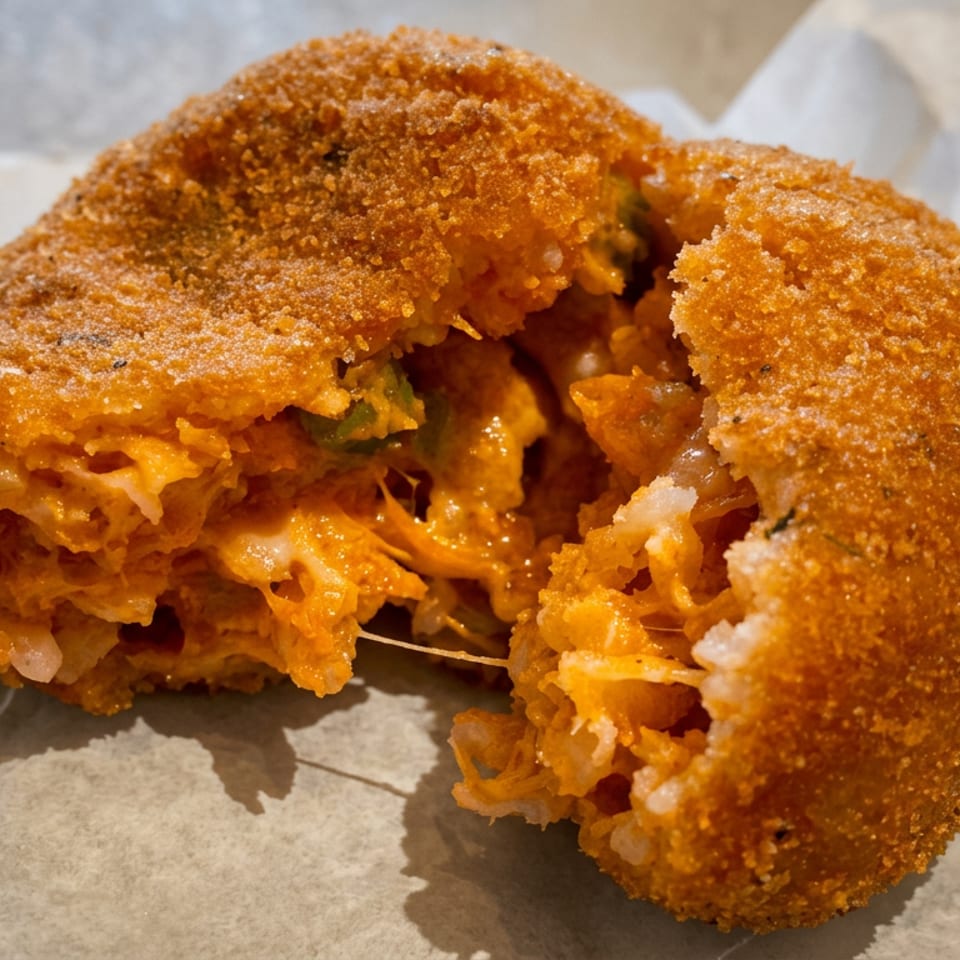 Close-up of a crispy golden fried sandwich split open, revealing melted cheese and a savory filling on parchment paper.