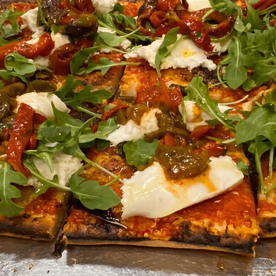 Rectangular pizza topped with arugula, roasted peppers, olives, tomato sauce, and dollops of fresh mozzarella on a metal tray.