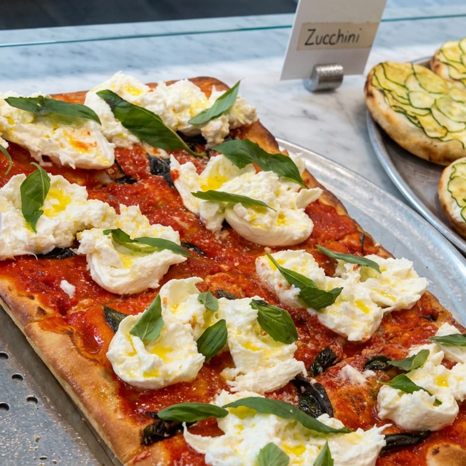 Rectangular tomato pizza topped with fresh mozzarella and basil beside zucchini-topped pastries on a marble counter.
