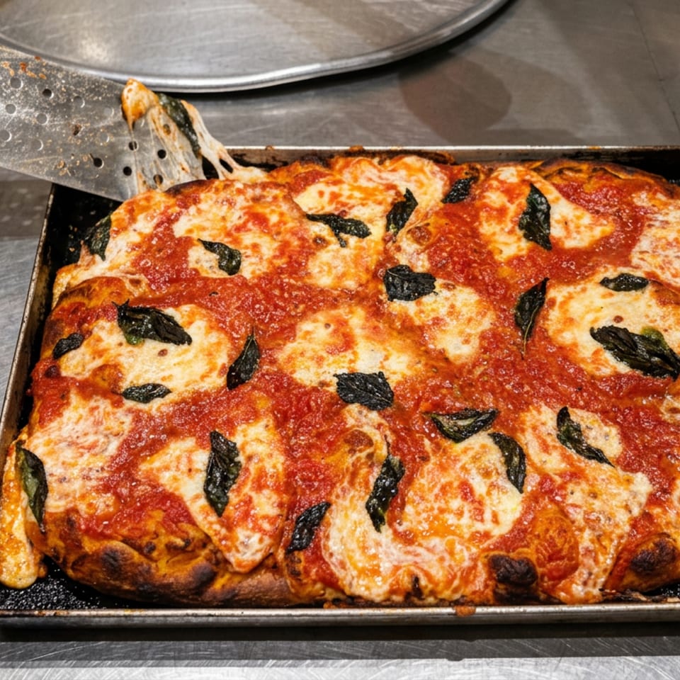 Rectangular pan pizza topped with tomato sauce, melted mozzarella, and basil leaves, being lifted with a metal spatula.